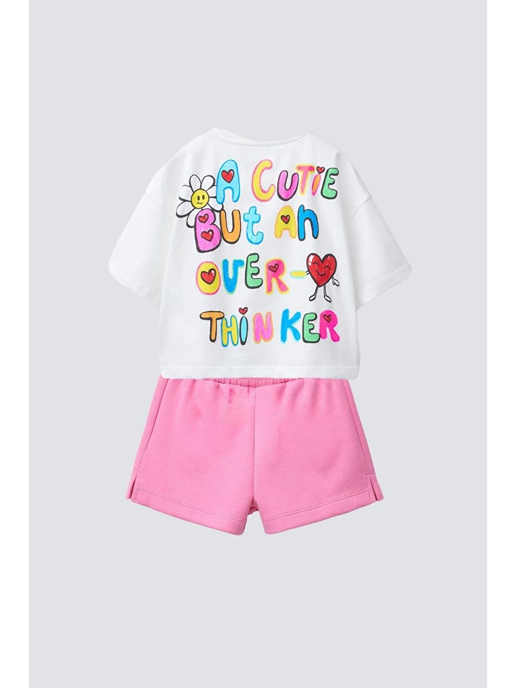 Beyaz Kız Çocuk Pamuklu Ekru Pembe Kalp Detaylı Baskılı Tişört Şort Takım-1