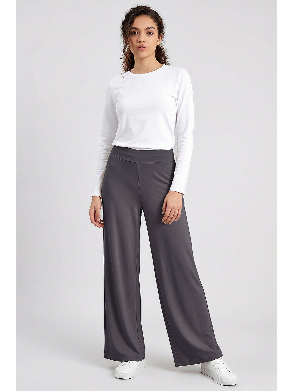 Koyu Gri Comfort Fit Geniş Paça Korsajlı Palazzo Kadın Pantolon - 94681-1