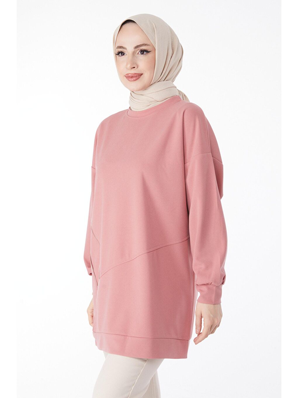 TOFİSA Pembe Düz Bisiklet Yaka Kadın Pembe Fermuar Detaylı Tunik - 24963 - 2