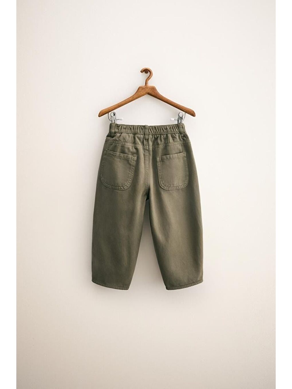 Yeşil Unisex Çocuk Pamuklu Haki Cepli Pantolon - Lastikli Bel Rahat Kalıp-2