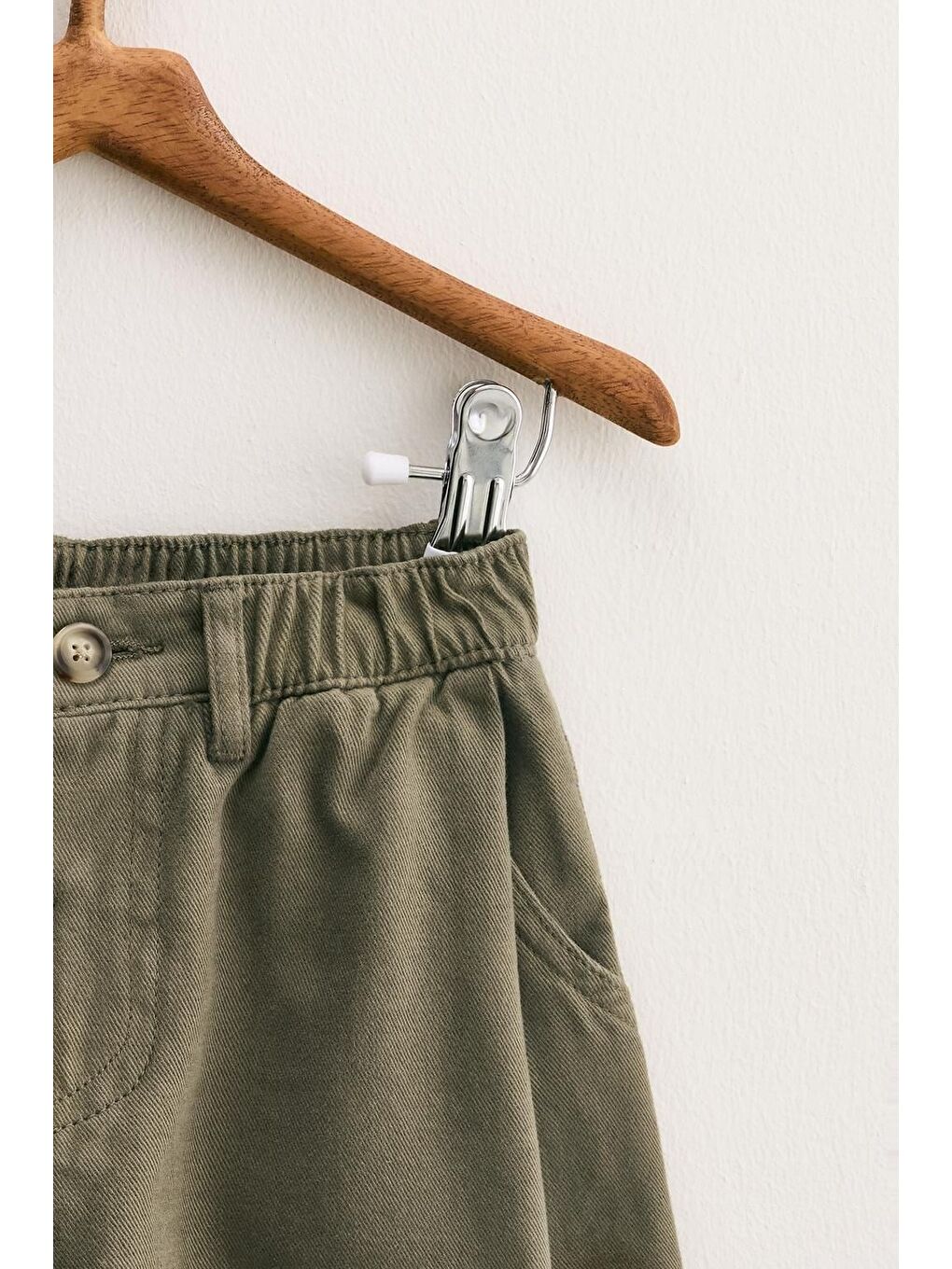 Yeşil Unisex Çocuk Pamuklu Haki Cepli Pantolon - Lastikli Bel Rahat Kalıp-3