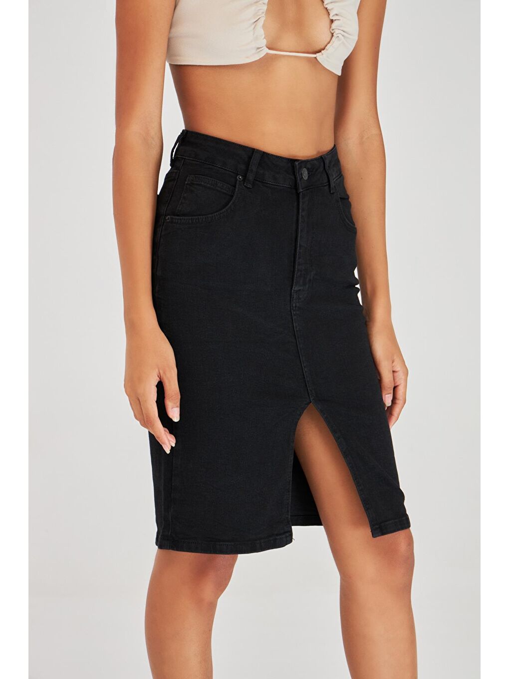 Siyah Kadın Yırtmaç Detaylı Midi Boy Yüksek Bel Jean Etek-2