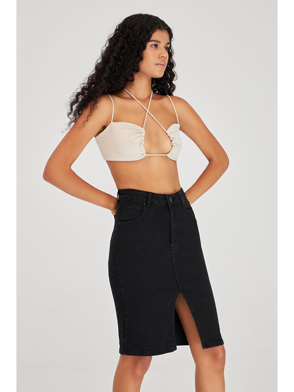 Siyah Kadın Yırtmaç Detaylı Midi Boy Yüksek Bel Jean Etek-4