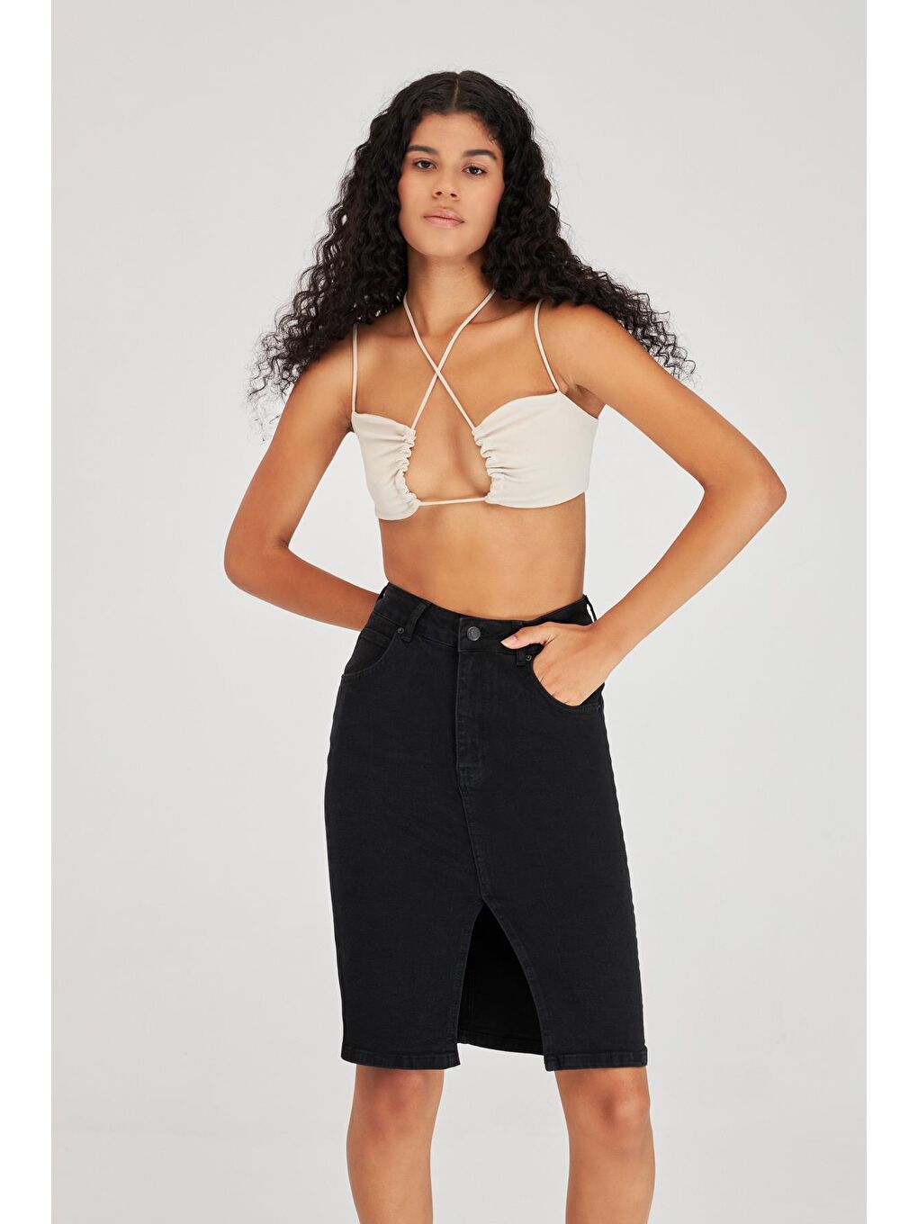 Siyah Kadın Yırtmaç Detaylı Midi Boy Yüksek Bel Jean Etek-5