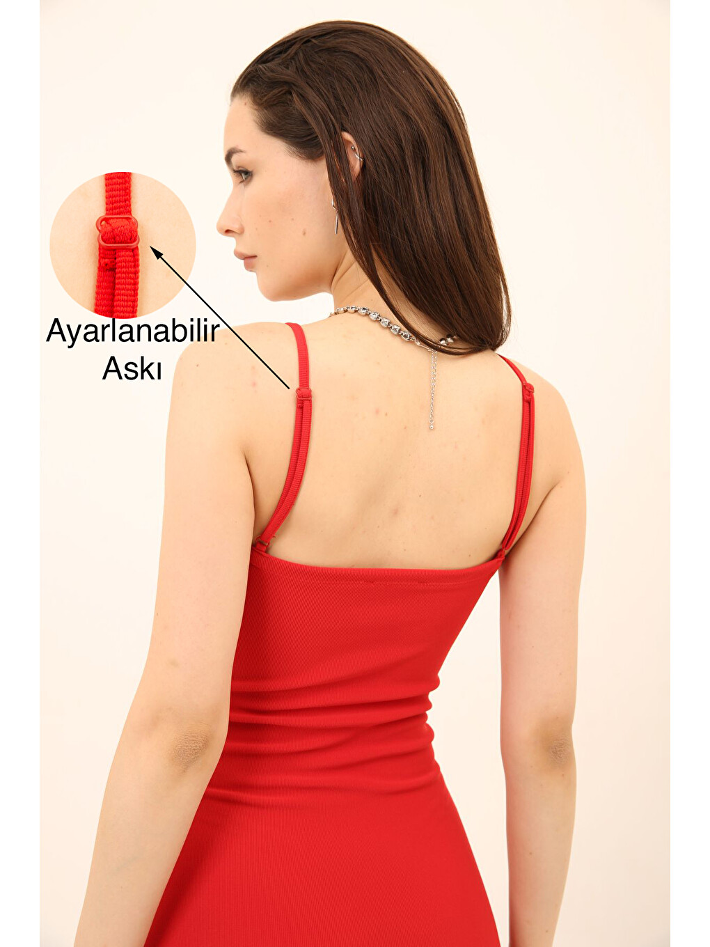 Kırmızı Ayarlanabilir ince askılı bodycon fitilli mini kadın elbise-2