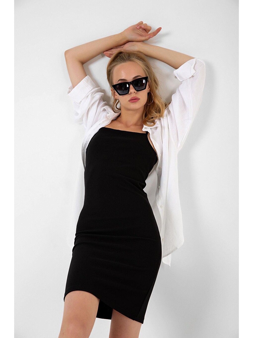 Siyah Ayarlanabilir ince askılı bodycon fitilli mini kadın elbise-1