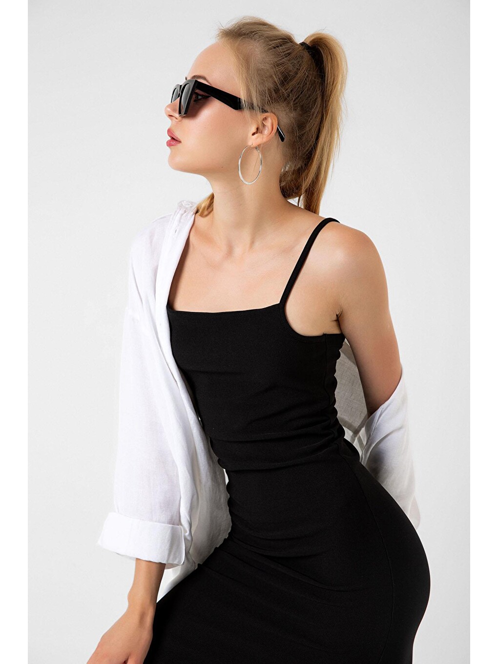 Siyah Ayarlanabilir ince askılı bodycon fitilli mini kadın elbise-3