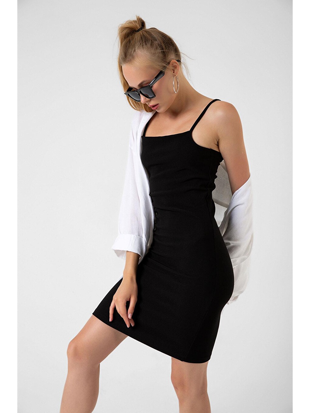 Siyah Ayarlanabilir ince askılı bodycon fitilli mini kadın elbise-7