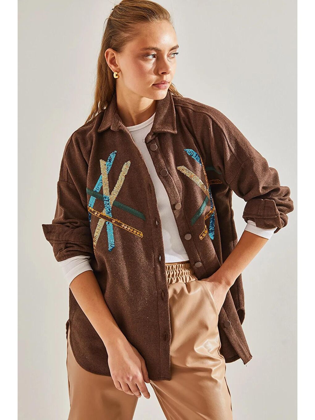 Kahverengi Kadın Pul Palet Işlemeli Kaşe Gömlek-2