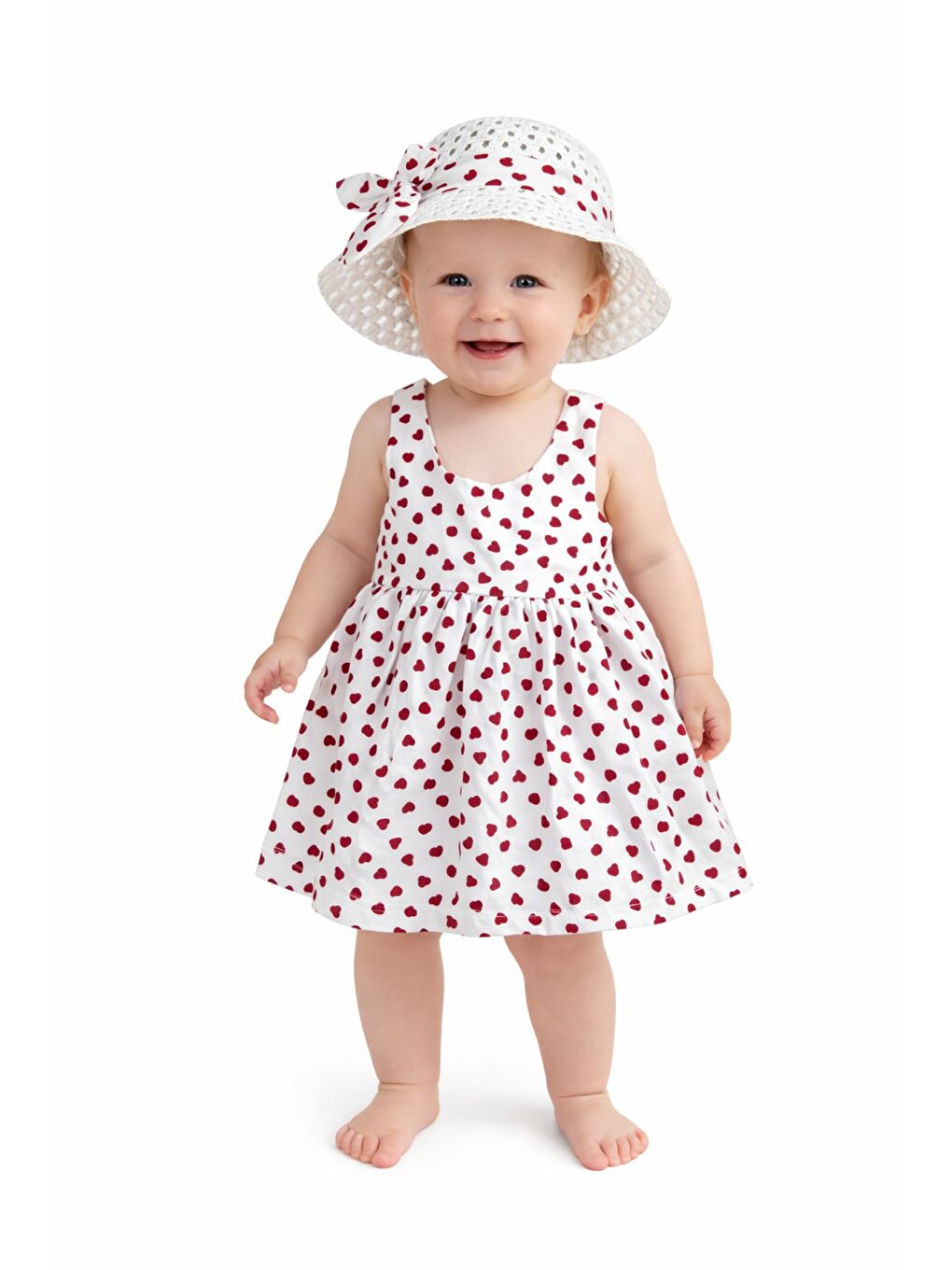 Kırmızı Kalp Desenli Askılı Elbise ve Şapka Takımı Yazlık Pamuklu Bebek Elbisesi