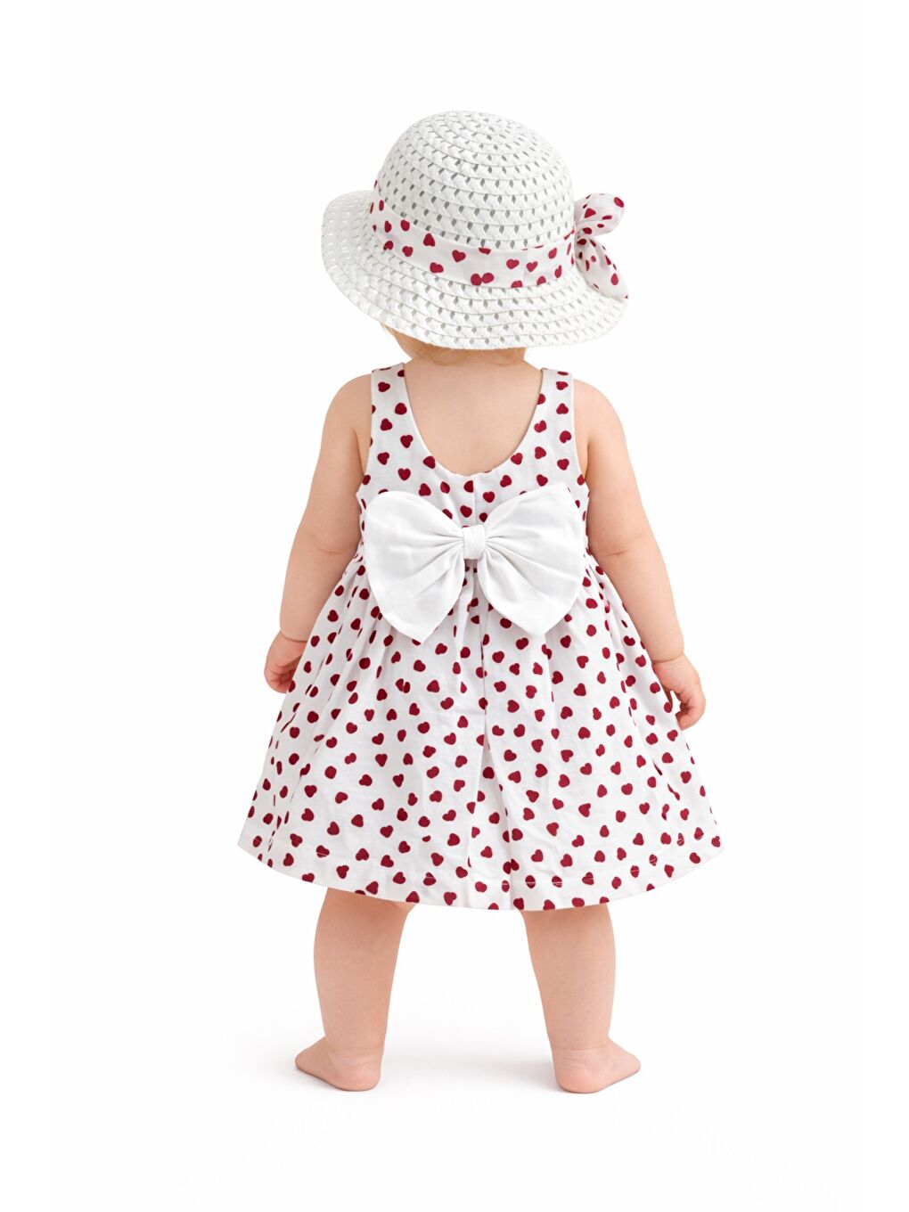 Kırmızı Kalp Desenli Askılı Elbise ve Şapka Takımı Yazlık Pamuklu Bebek Elbisesi-1