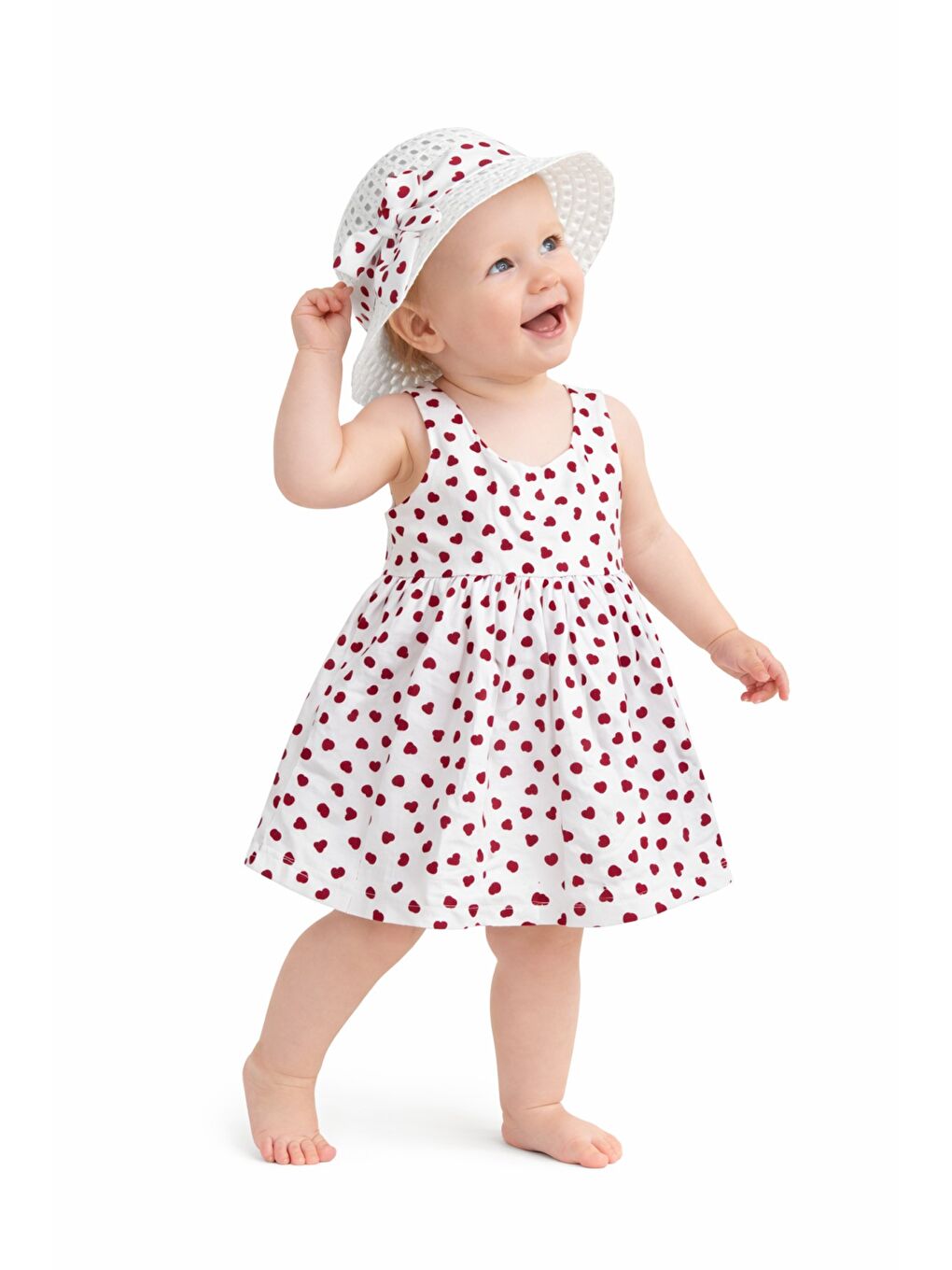 Kırmızı Kalp Desenli Askılı Elbise ve Şapka Takımı Yazlık Pamuklu Bebek Elbisesi-2