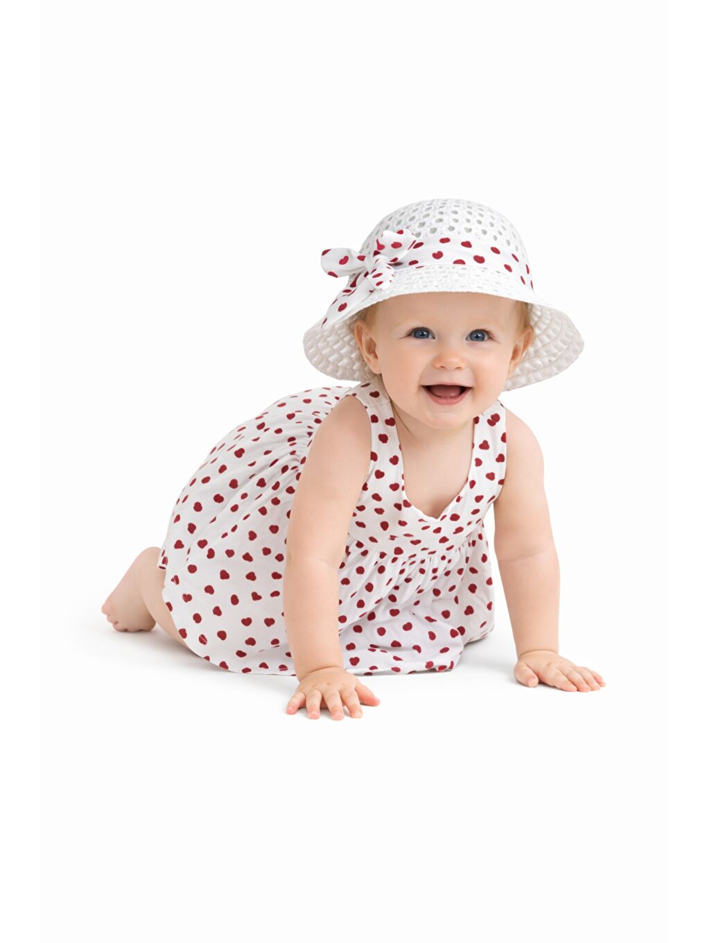 Kırmızı Kalp Desenli Askılı Elbise ve Şapka Takımı Yazlık Pamuklu Bebek Elbisesi-3