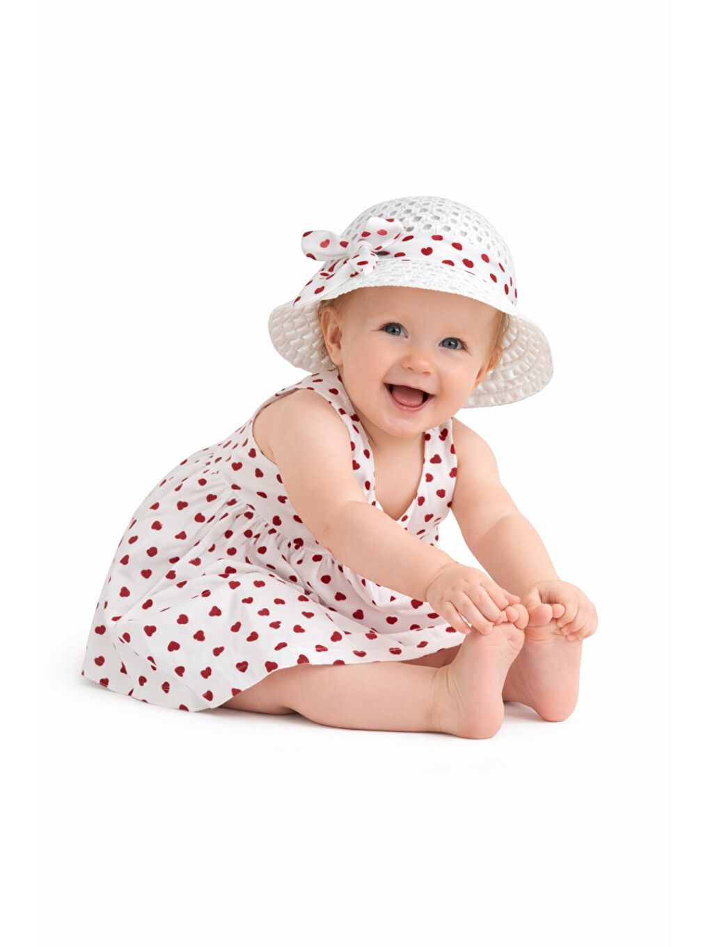 Kırmızı Kalp Desenli Askılı Elbise ve Şapka Takımı Yazlık Pamuklu Bebek Elbisesi-4