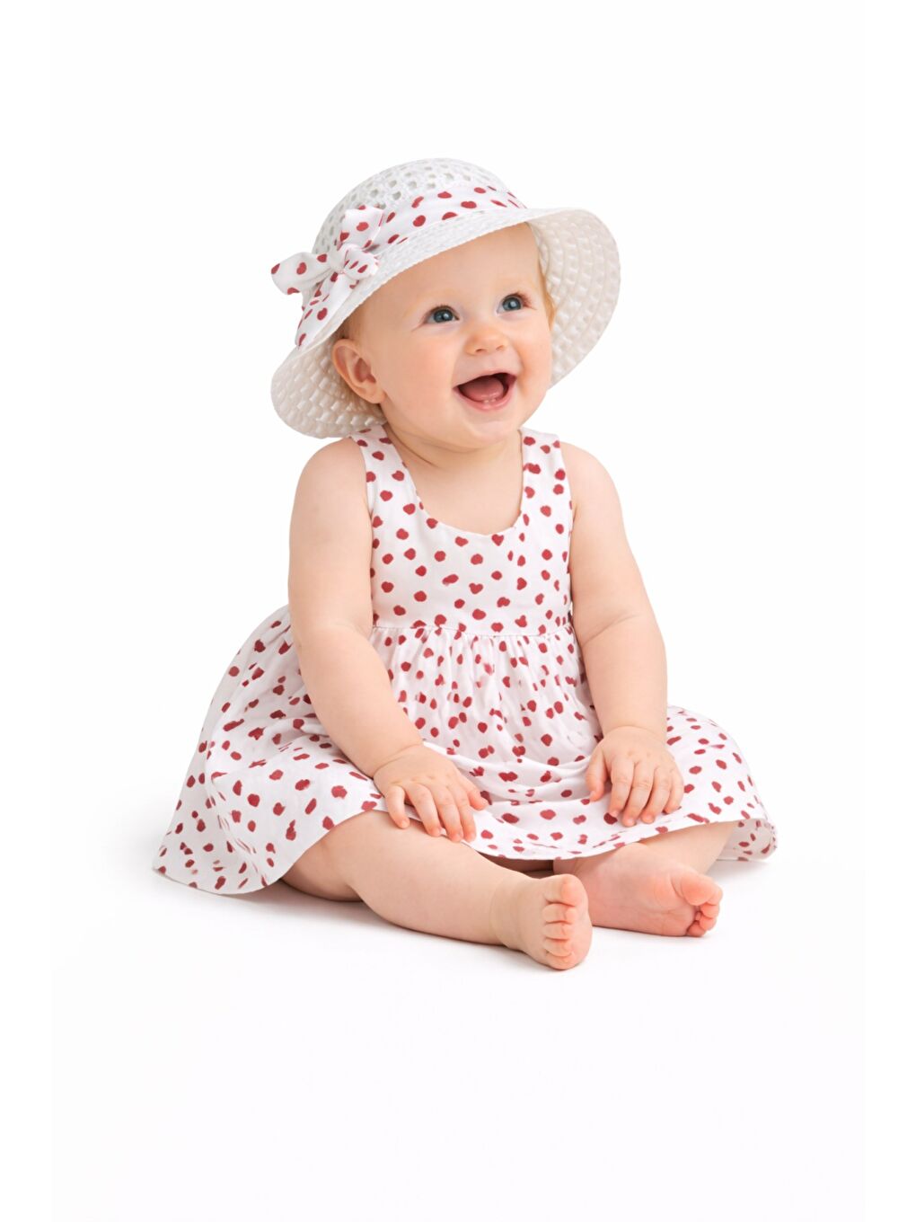 Kırmızı Kalp Desenli Askılı Elbise ve Şapka Takımı Yazlık Pamuklu Bebek Elbisesi-5