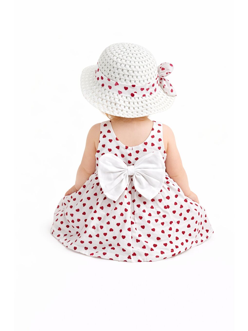 Kırmızı Kalp Desenli Askılı Elbise ve Şapka Takımı Yazlık Pamuklu Bebek Elbisesi-6