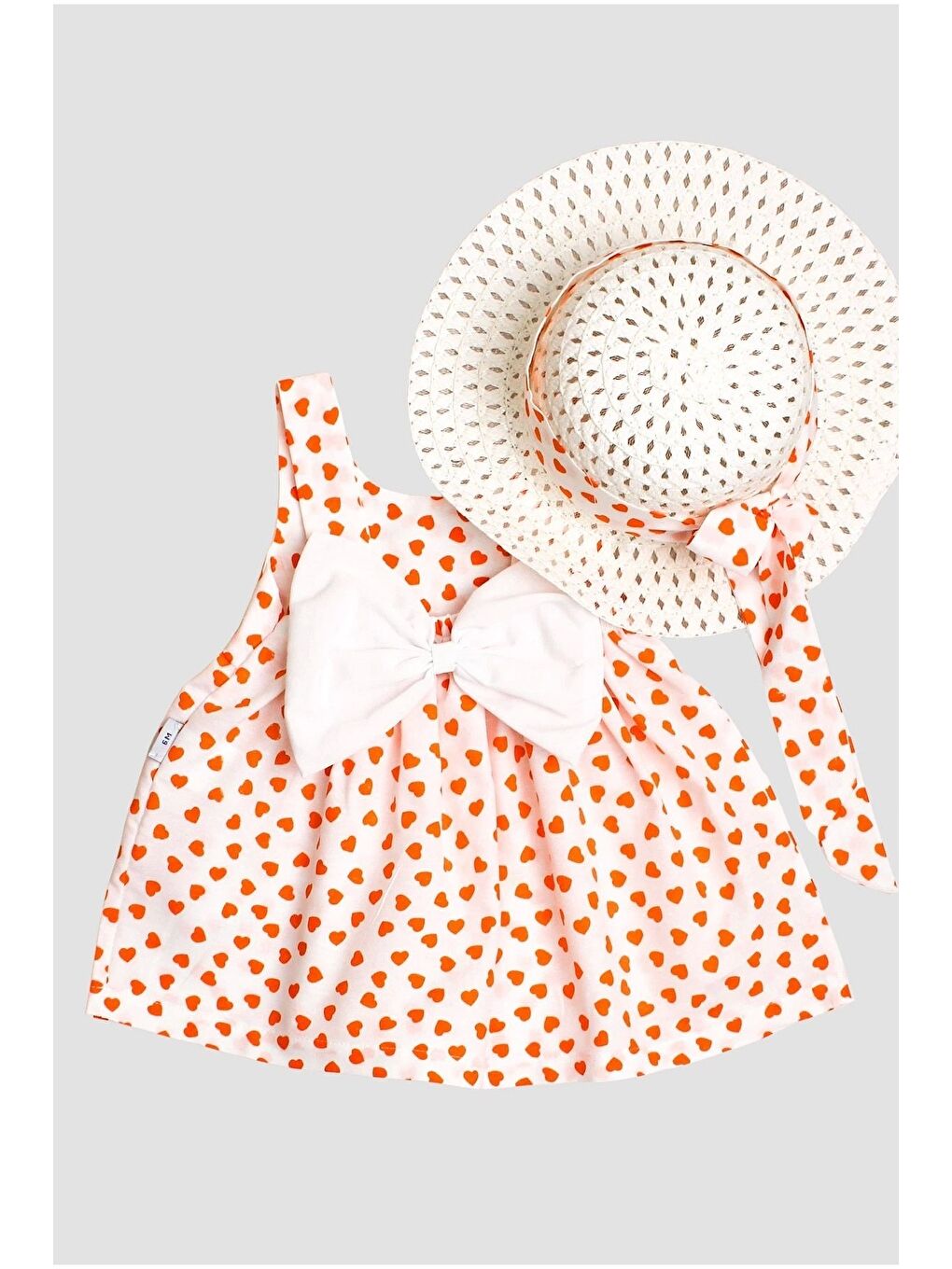 Turuncu Kalp Desenli Askılı Elbise ve Şapka Takımı Yazlık Pamuklu Bebek Elbisesi
