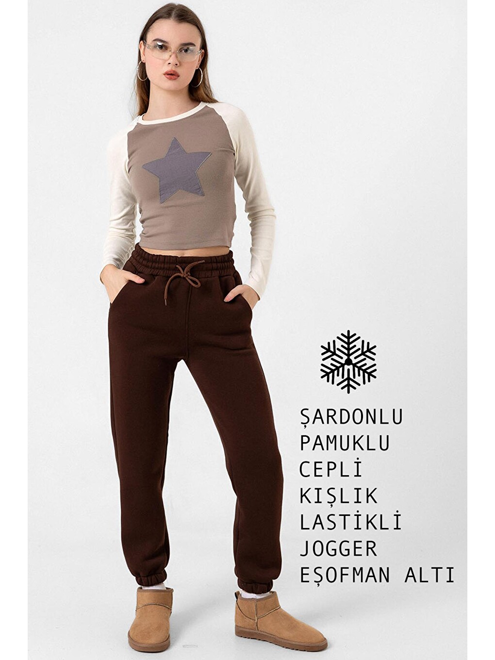 Kahverengi 3 İplik Şardonlu Paça Lastikli Cepli Pamuklu Kadın Eşofman Altı