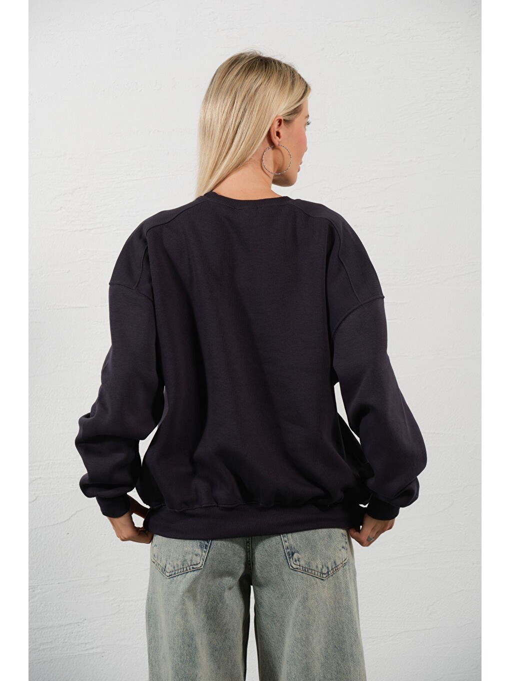 Antrasit 3 iplik şardonlu oversize düşük omuz pamuklu kadın sweatshirt-7