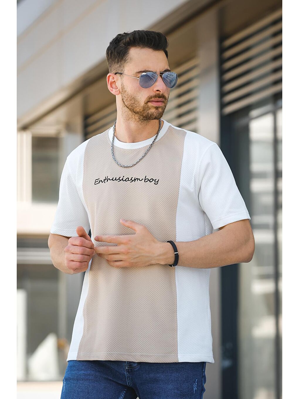 Beyaz Scarp Nakışlı Parçalı Waffle Desen Slim Fit Likralı Erkek Tişört-1