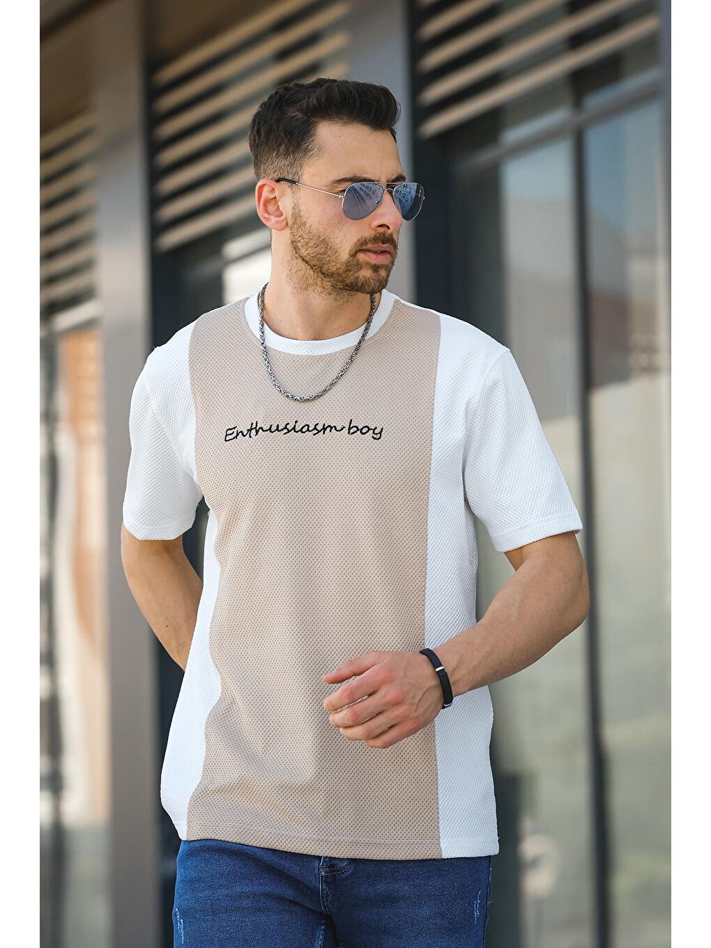 Beyaz Scarp Nakışlı Parçalı Waffle Desen Slim Fit Likralı Erkek Tişört-2