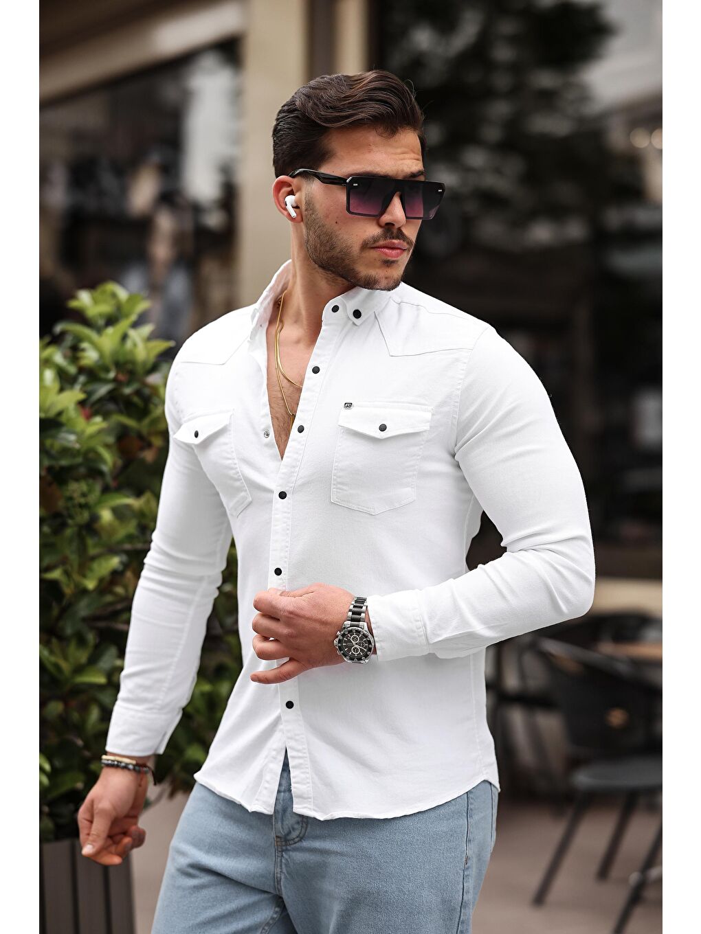 Beyaz Slim Fit Çıtçıtlı Çift Cep Jean Gömlek-2