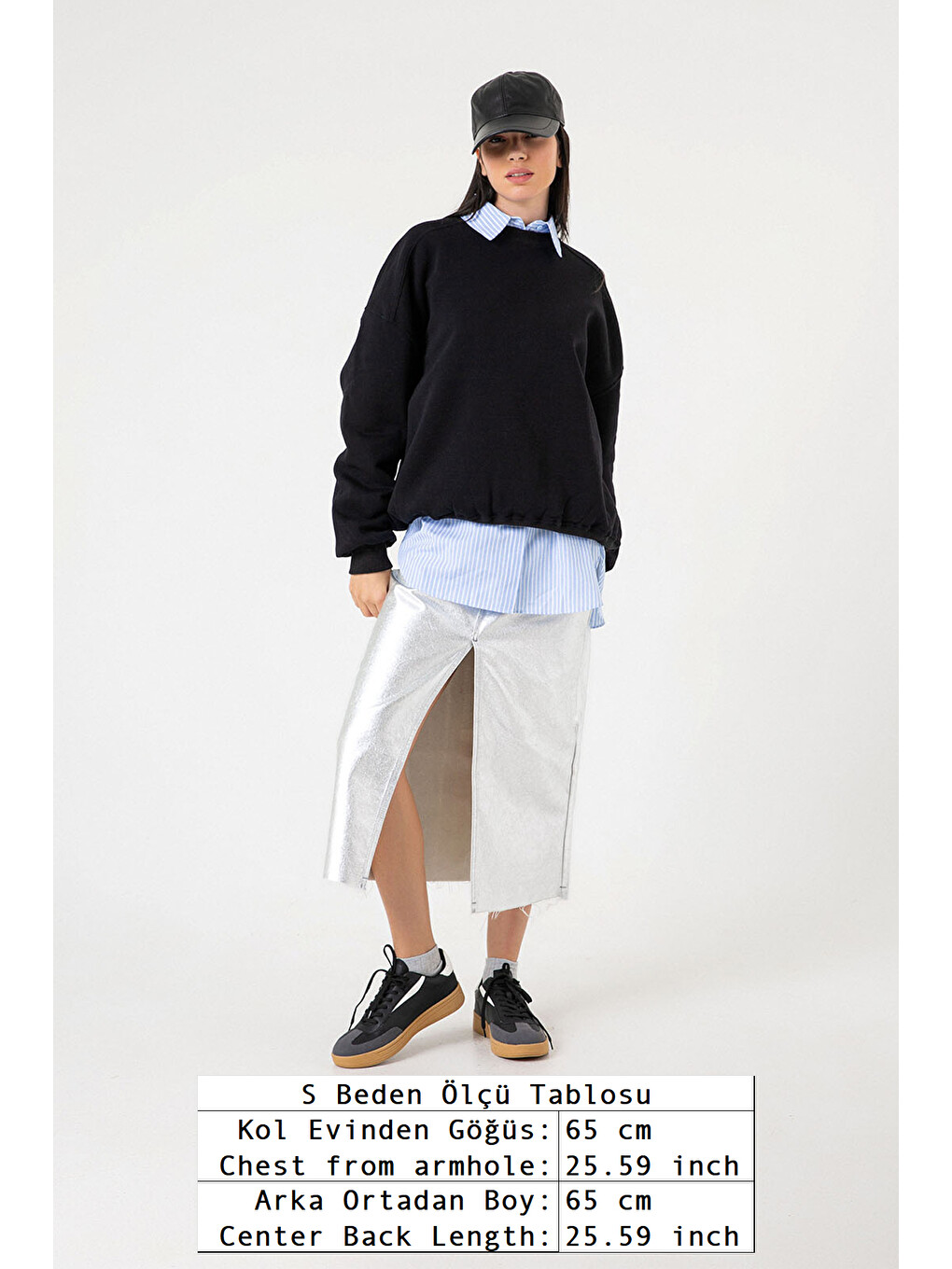Siyah 3 iplik şardonlu oversize düşük omuz pamuklu kadın sweatshirt-1