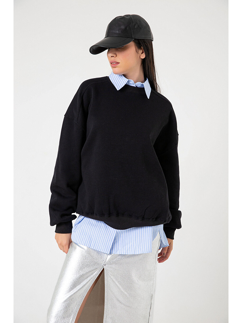 Siyah 3 iplik şardonlu oversize düşük omuz pamuklu kadın sweatshirt-2