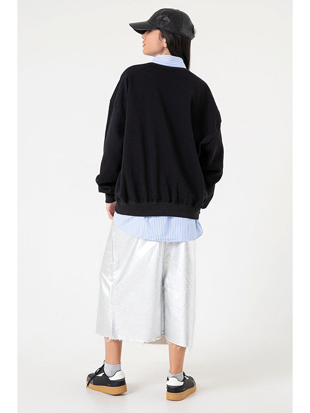 Siyah 3 iplik şardonlu oversize düşük omuz pamuklu kadın sweatshirt-4