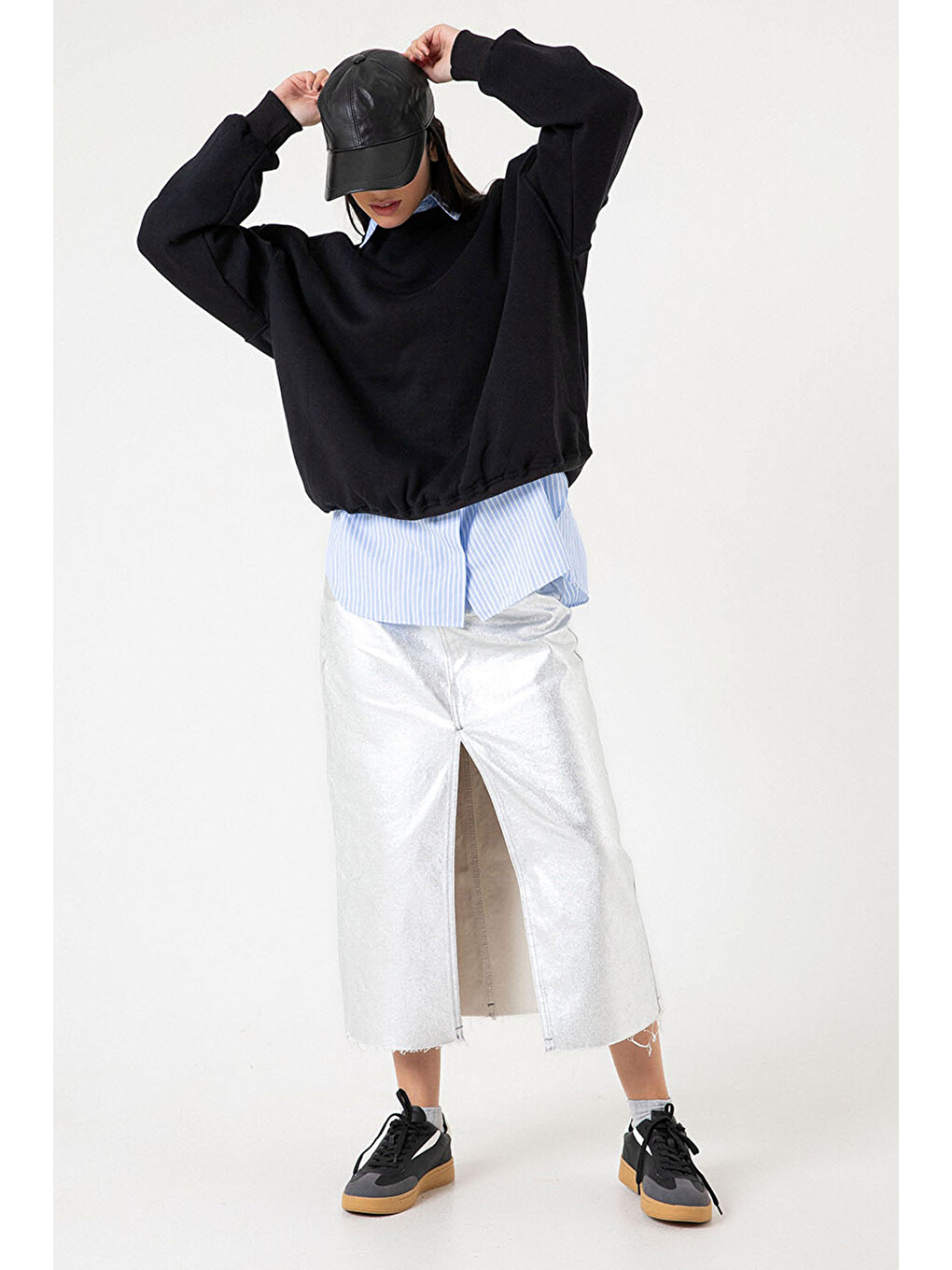 Siyah 3 iplik şardonlu oversize düşük omuz pamuklu kadın sweatshirt-5