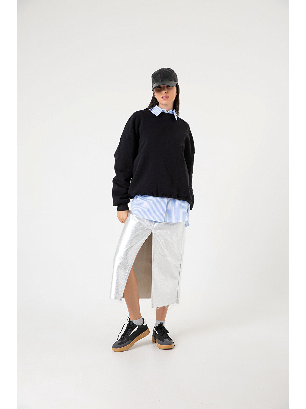 Siyah 3 iplik şardonlu oversize düşük omuz pamuklu kadın sweatshirt-6