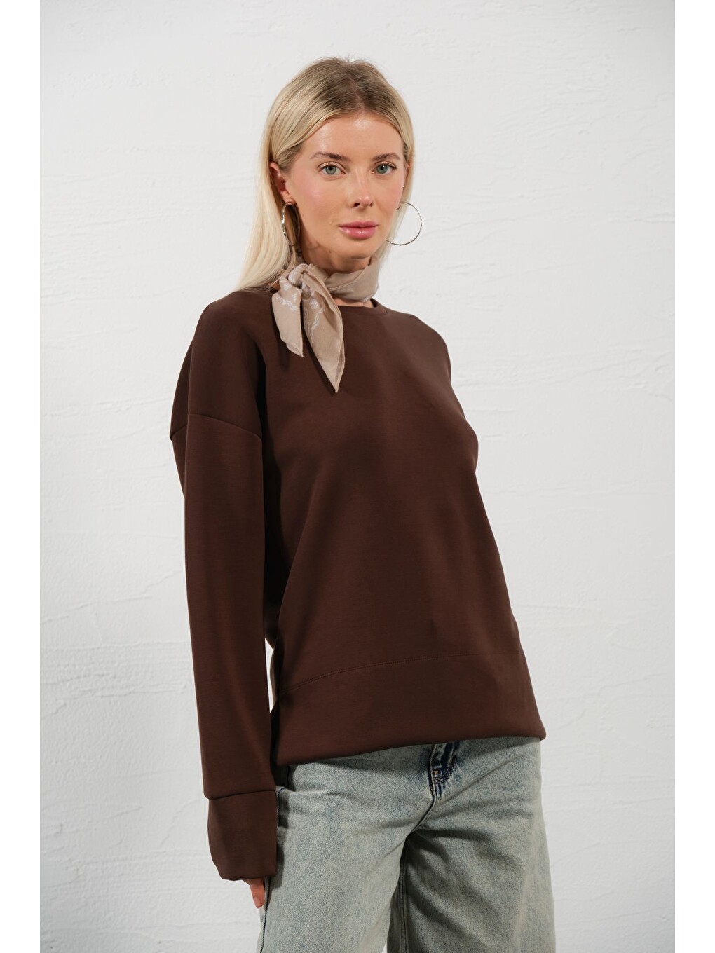 Kahverengi Modal Bisiklet Yaka Yumuşacık Uzun Kol Yandan Yırtmaçlı Kadın Bluz Sweat @imola