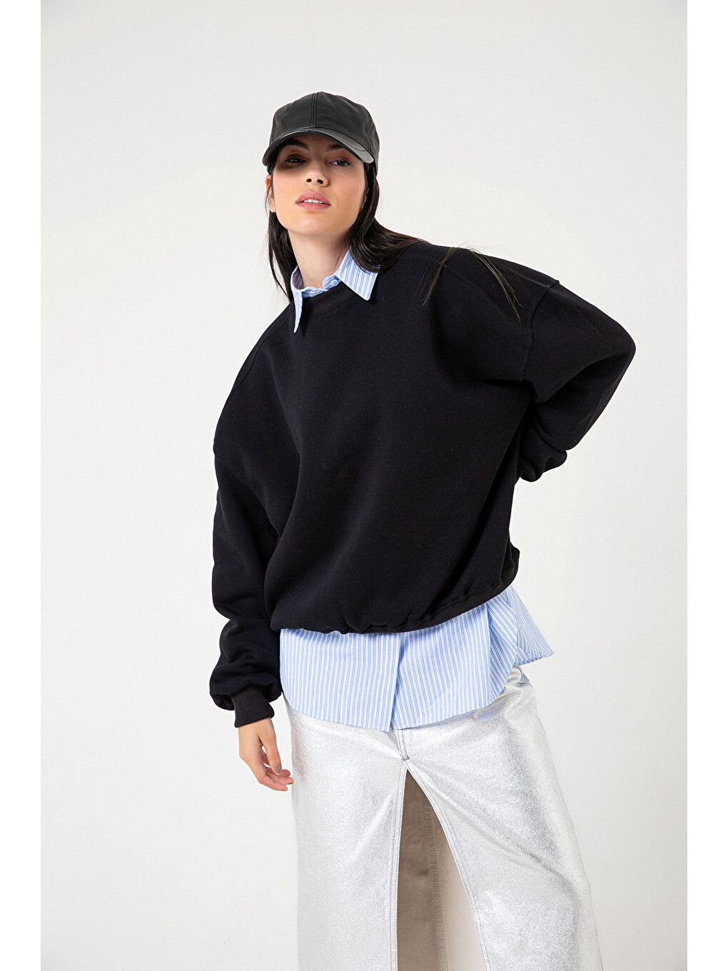 Siyah 3 iplik şardonlu oversize düşük omuz pamuklu kadın sweatshirt-7