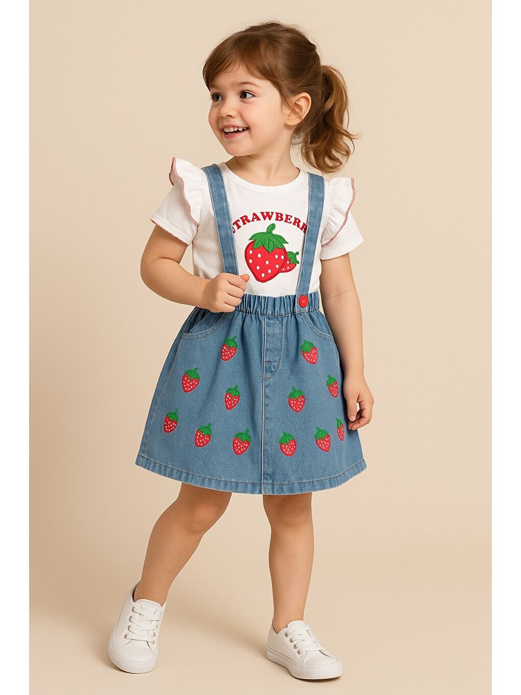 Lacivert Çilek Desenli Askılı Jean Elbise 2'li Takım-1