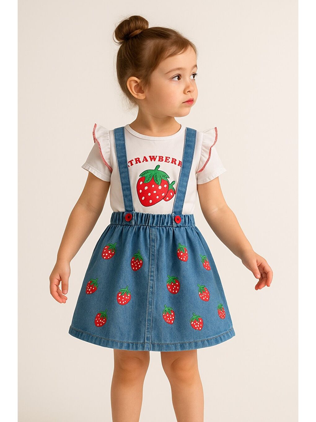 Lacivert Çilek Desenli Askılı Jean Elbise 2'li Takım-2