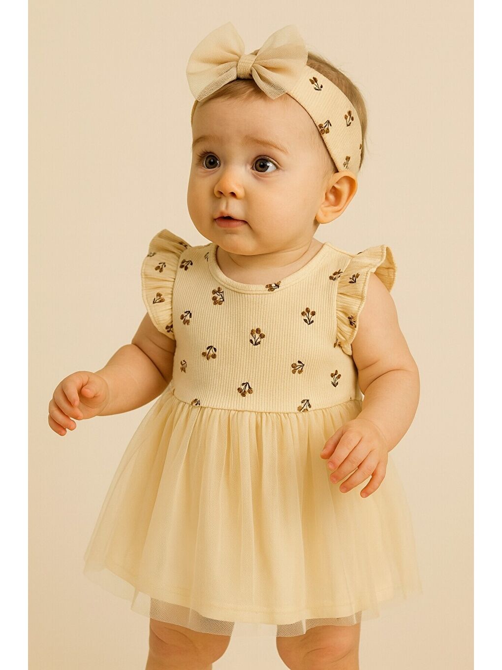 Ekru Çiçek Baskılı Hayal Tül Etekli Premium Elbise ve Taç Takımı