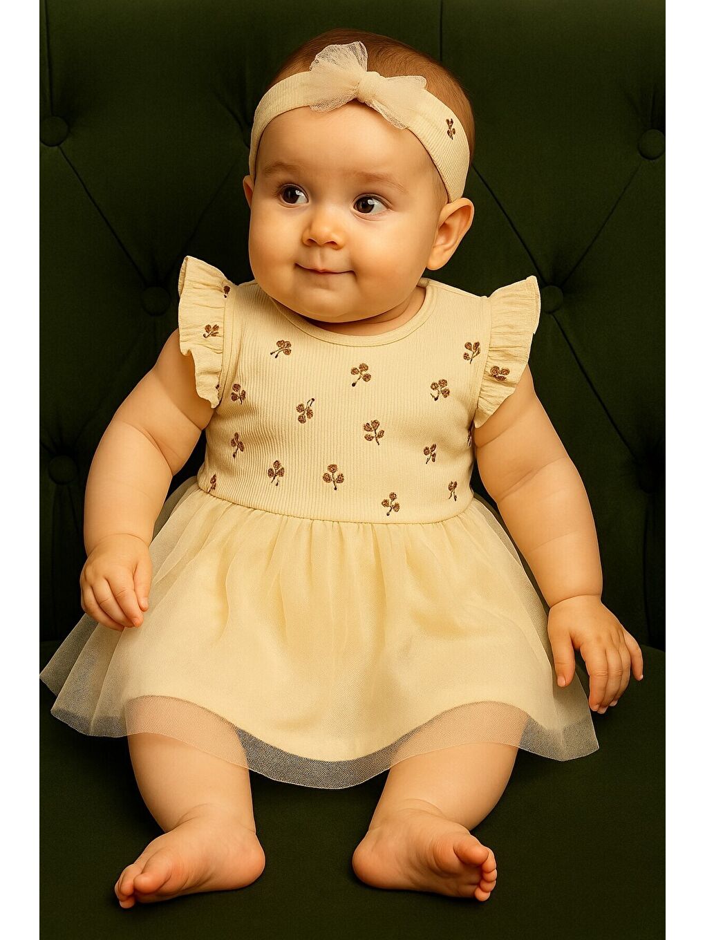 Ekru Çiçek Baskılı Hayal Tül Etekli Premium Elbise ve Taç Takımı-1