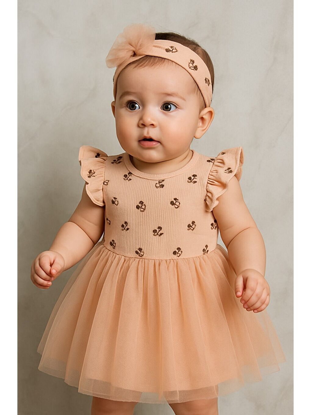 Pembe Çiçek Baskılı Hayal Tül Etekli Premium Elbise ve Taç Takımı