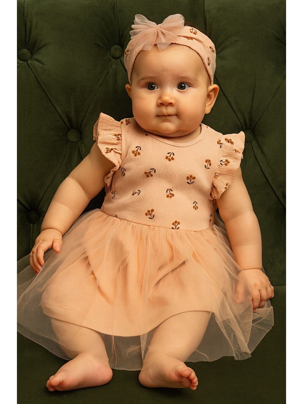 Pembe Çiçek Baskılı Hayal Tül Etekli Premium Elbise ve Taç Takımı-1