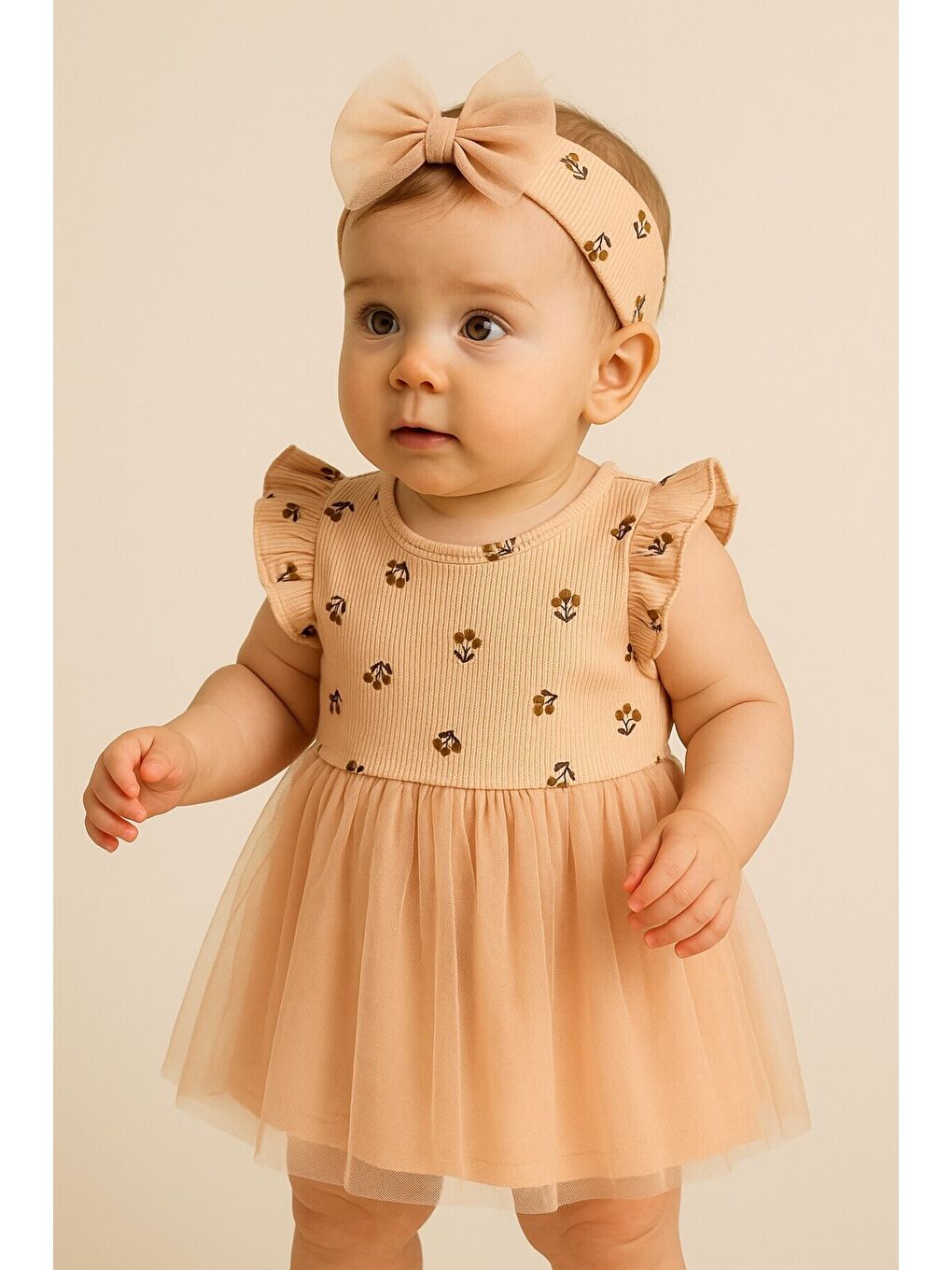 Pembe Çiçek Baskılı Hayal Tül Etekli Premium Elbise ve Taç Takımı-2