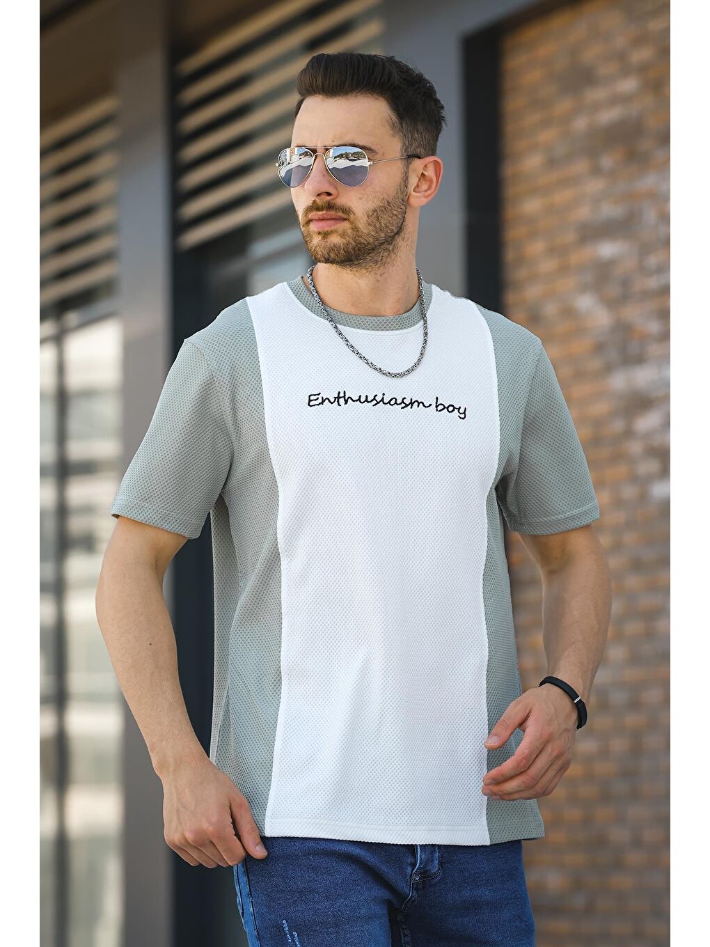 Yeşil Scarp Nakışlı Parçalı Waffle Desen Slim Fit Likralı Erkek Tişört