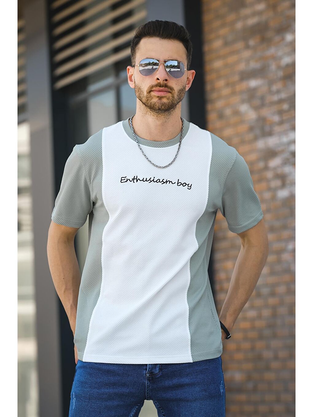 Yeşil Scarp Nakışlı Parçalı Waffle Desen Slim Fit Likralı Erkek Tişört-1