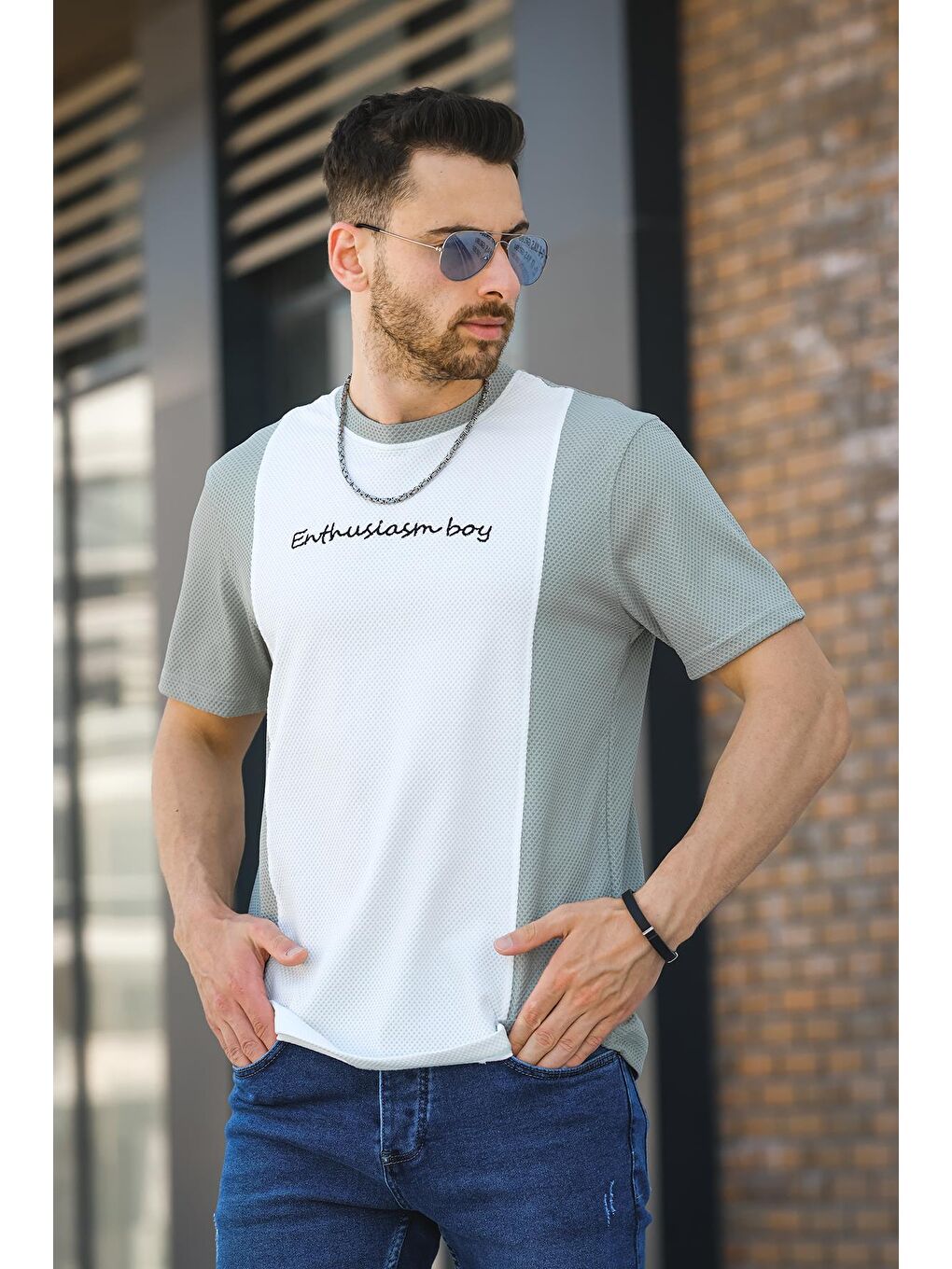 Yeşil Scarp Nakışlı Parçalı Waffle Desen Slim Fit Likralı Erkek Tişört-2