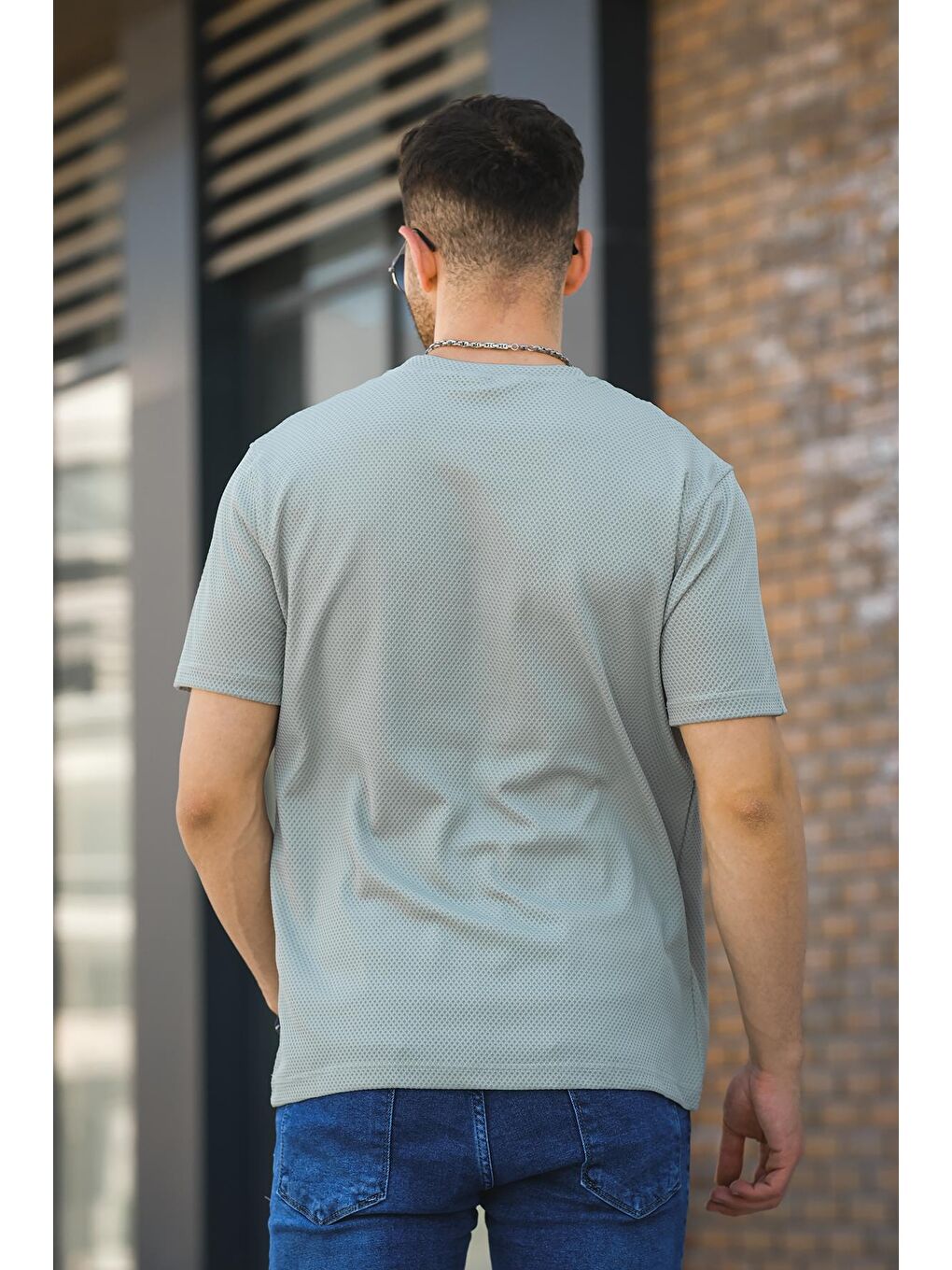 Yeşil Scarp Nakışlı Parçalı Waffle Desen Slim Fit Likralı Erkek Tişört-3