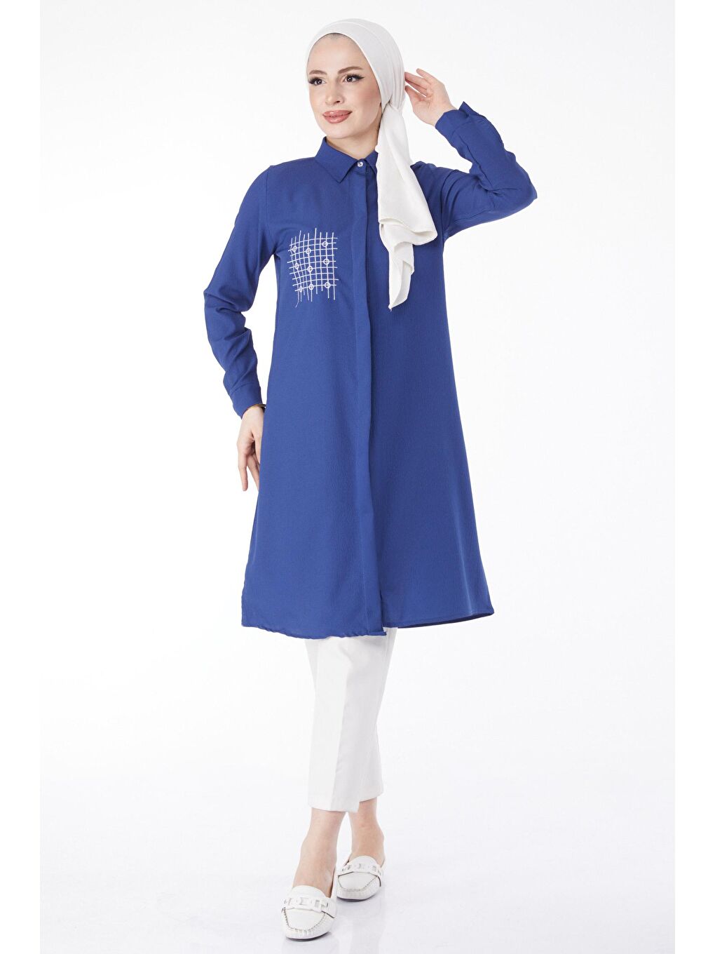 Gömlek Yaka Kadın Mavi Cep Nakış Detaylı Tunik - 13123