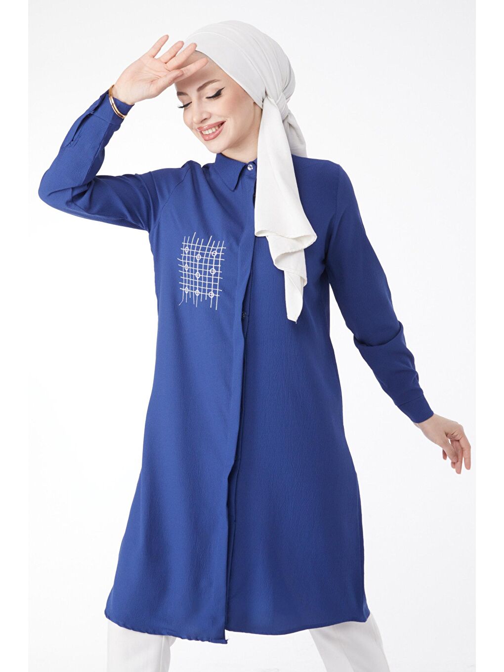 Gömlek Yaka Kadın Mavi Cep Nakış Detaylı Tunik - 13123-1