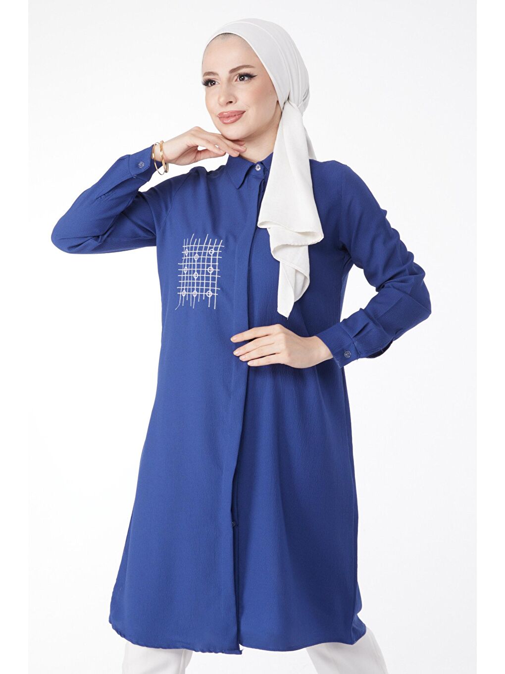 Gömlek Yaka Kadın Mavi Cep Nakış Detaylı Tunik - 13123-2