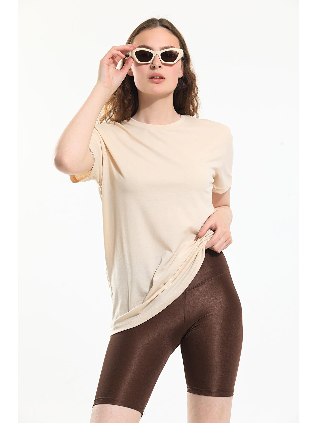Bej Oversize Fit Pamuklu Kısa Kollu Basic Uniseks Kadın Erkek Tişört