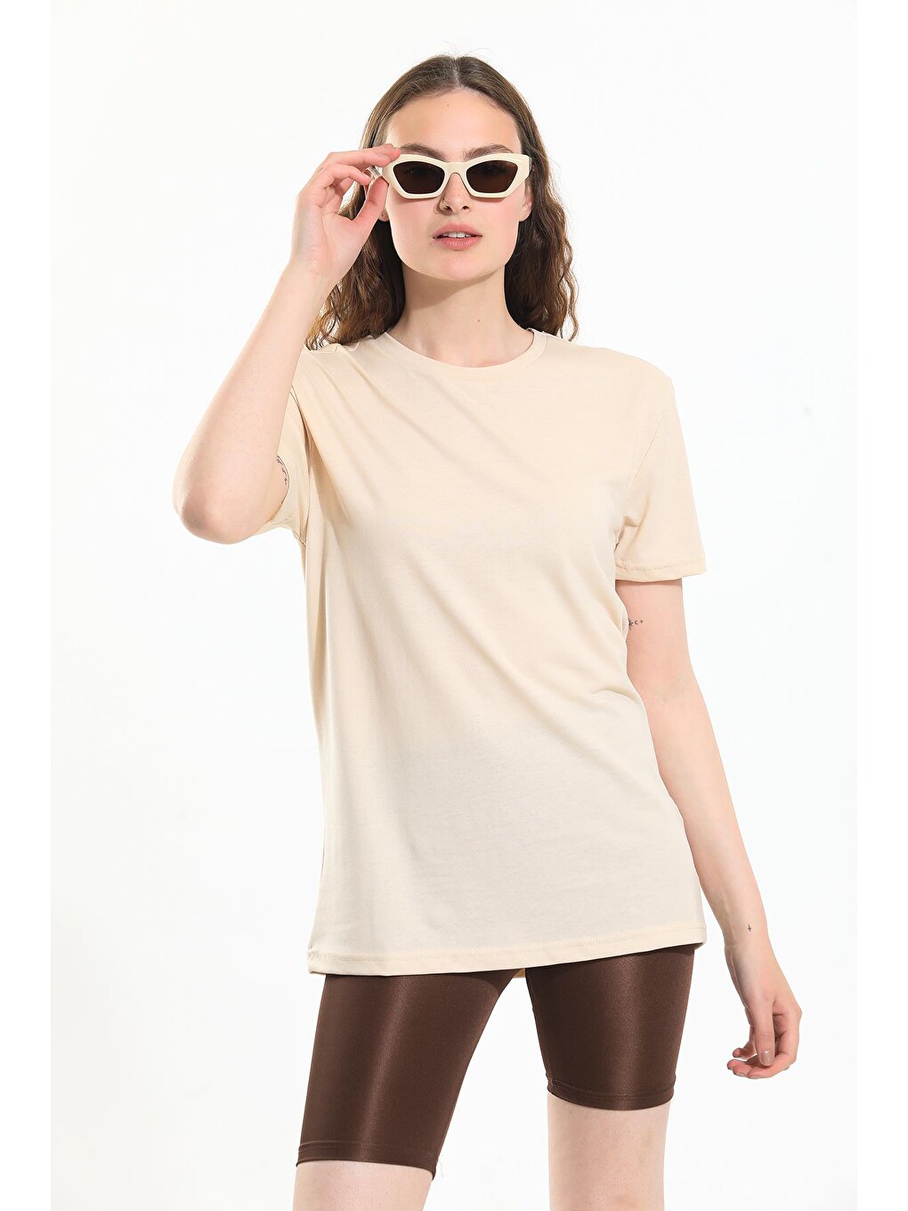 Bej Oversize Fit Pamuklu Kısa Kollu Basic Uniseks Kadın Erkek Tişört-2