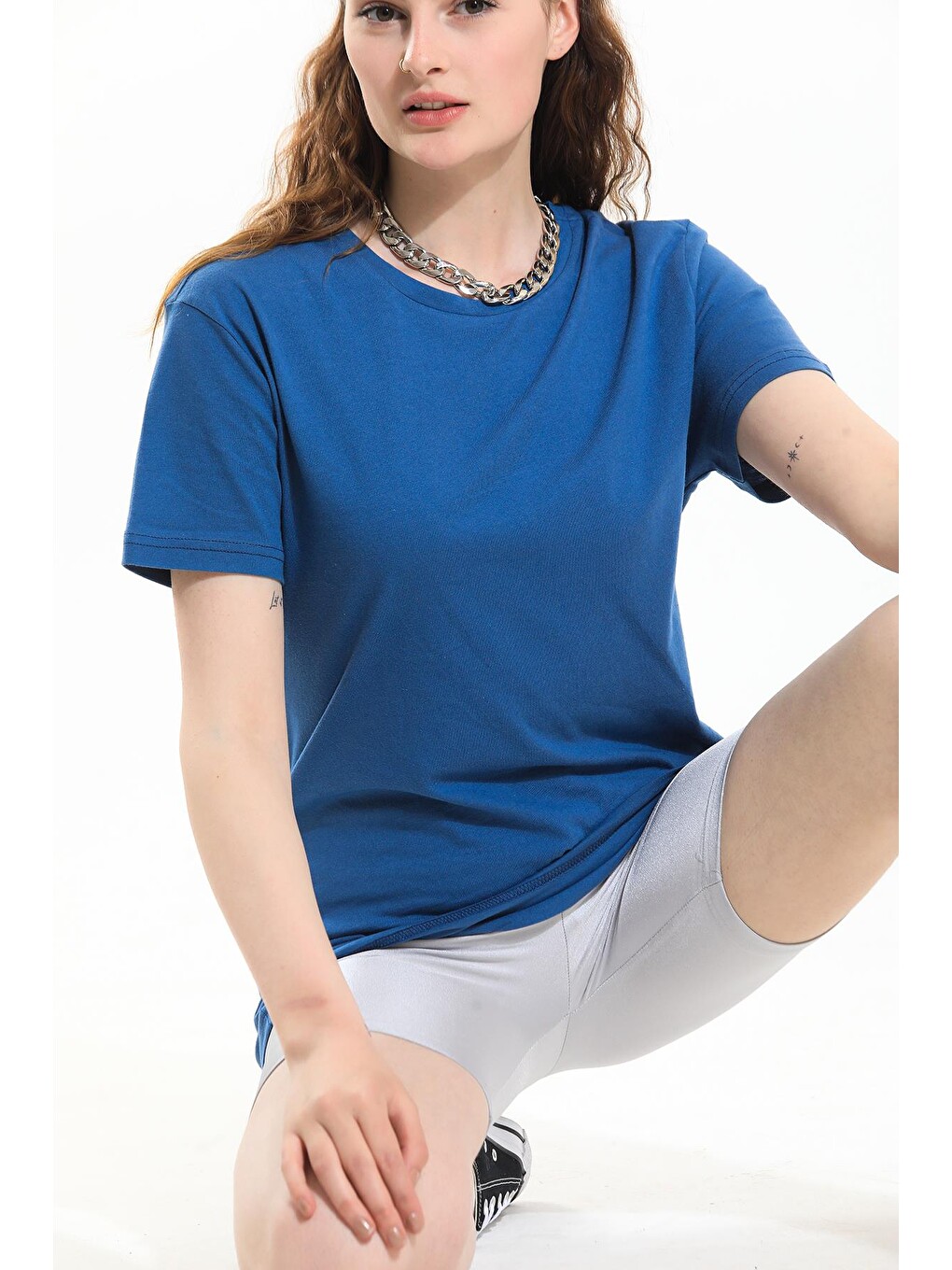 İndigo Oversize Fit Pamuklu Kısa Kollu Basic Uniseks Kadın Erkek Tişört-1